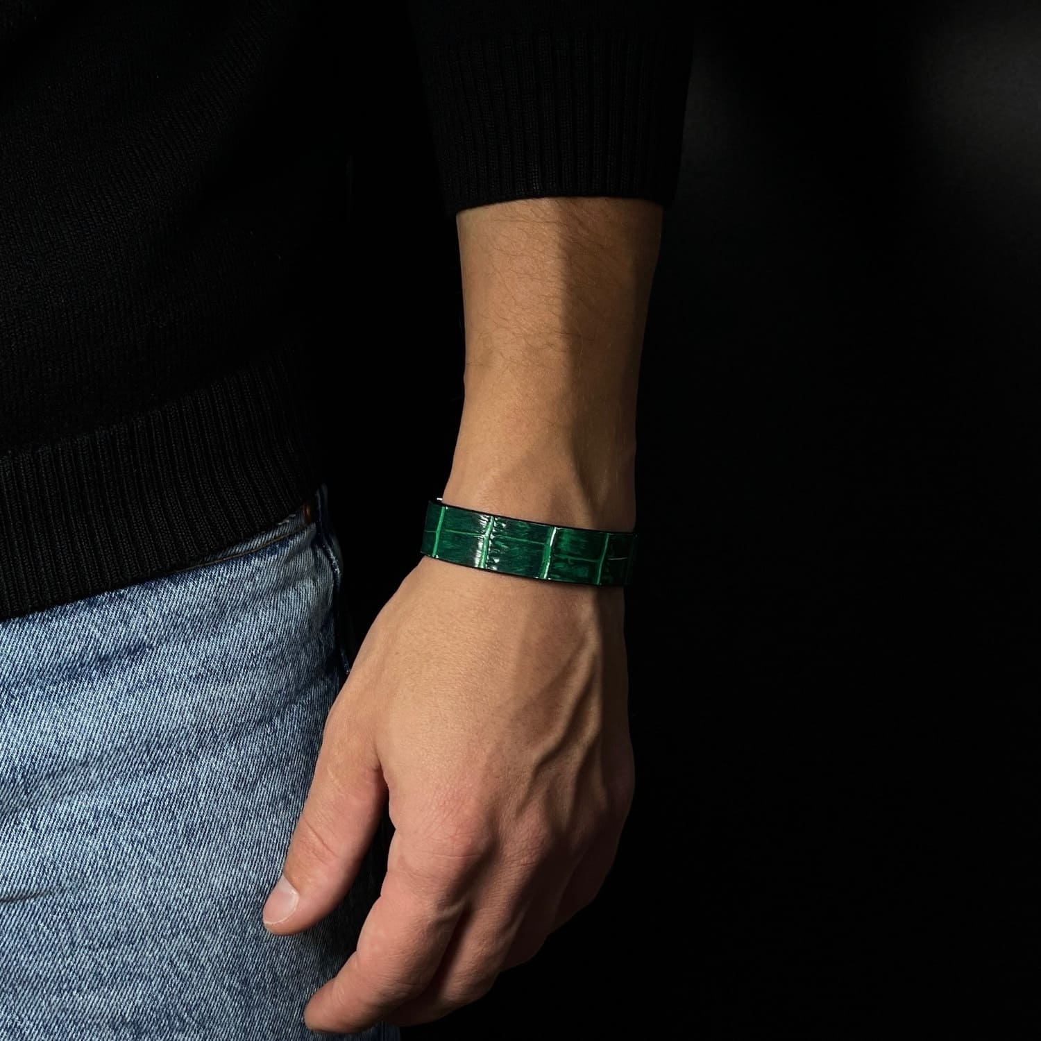 Brățară din piele naturală cu imprimeu de Crocodil 15mm cu magnet | Verde