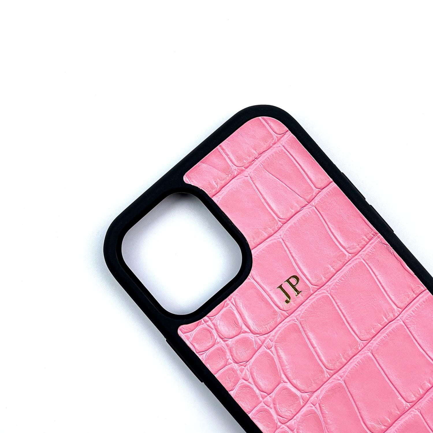Husă iPhone din piele naturală cu imprimeu de Crocodil Roz
