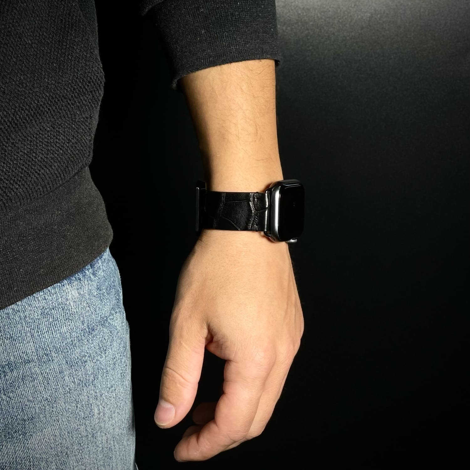 Curelușă Apple Watch din piele naturală cu imprimeu de Crocodil Negru