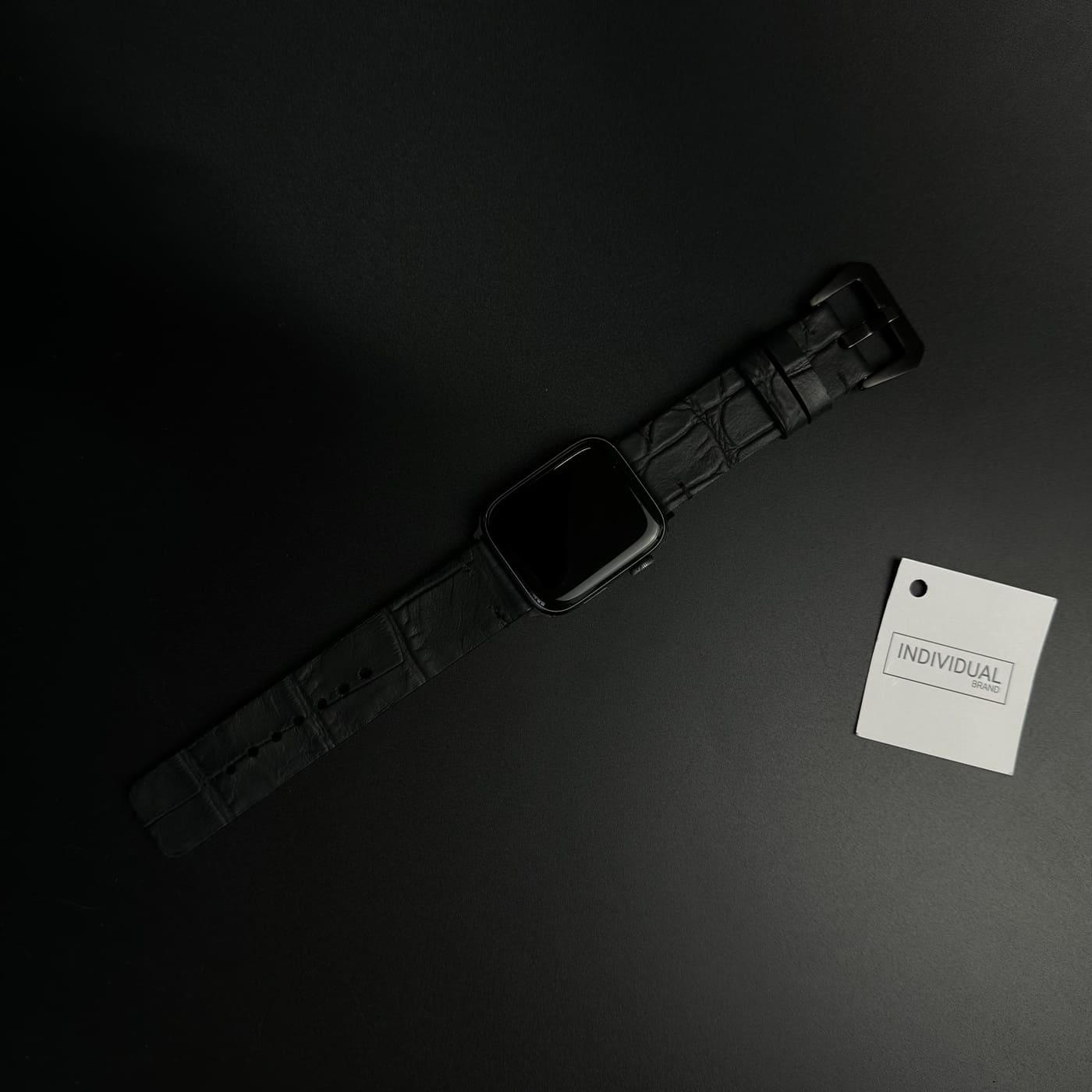 Natural leather watch strap with crocodile print Matte Black